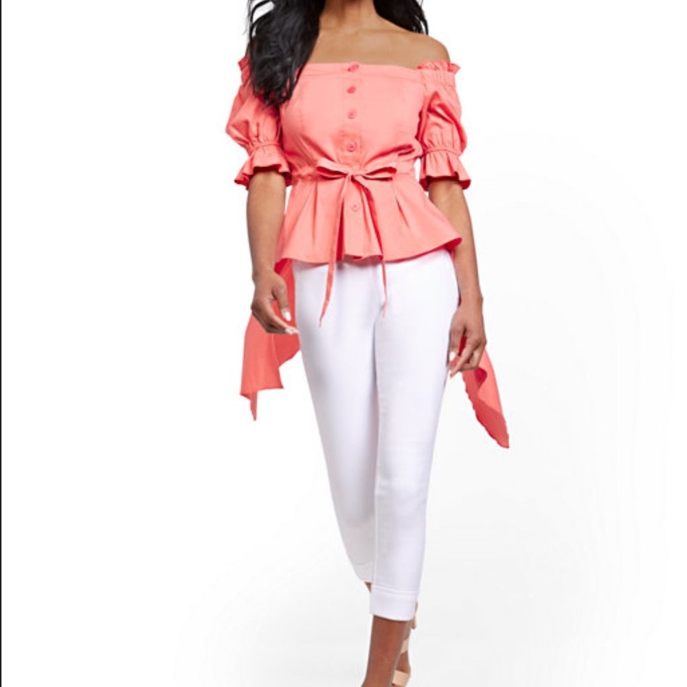 NY & CO OFF-THE-SHOULDER HI-LO POPLIN SHIRT